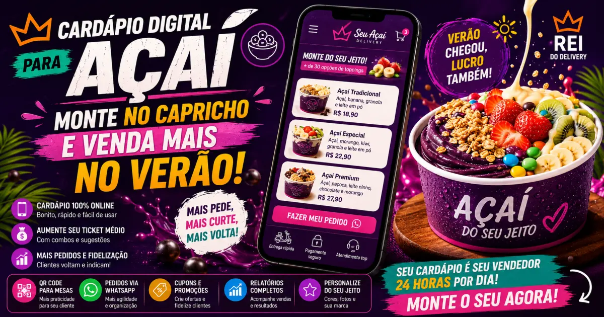 Cardápio digital de açaí com complementos organizados em grupos para montagem personalizada
